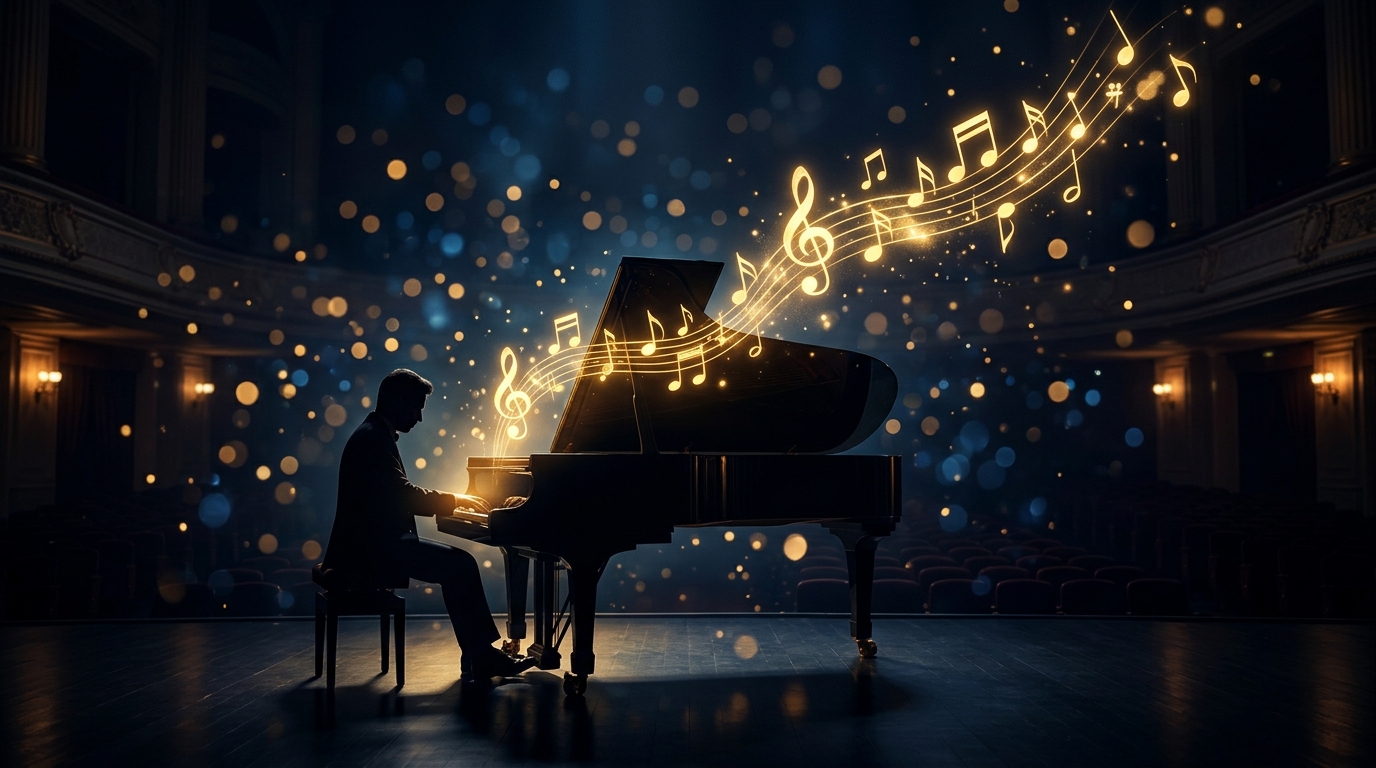 Grand piano in concert hall